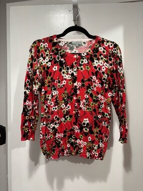 Joseph A Red Floral Button-Front Crewneck Sweater
